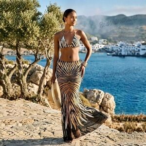 NWT Sexy Tropical Animal Print Sheer Mesh Mermaid Hem Ibiza Maxi Skirt